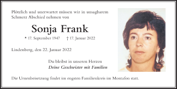 Traueranzeige von Sonja Frank von Der Westallgäuer