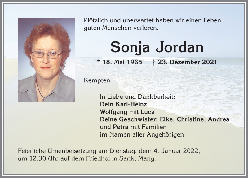  Traueranzeige für Sonja Jordan vom 03.01.2022 aus Allgäuer Zeitung,Kempten