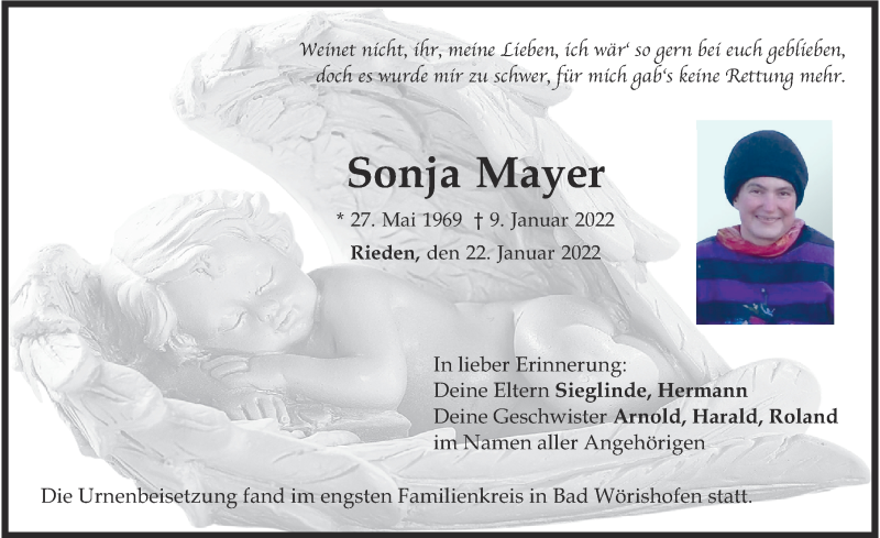  Traueranzeige für Sonja Mayer vom 22.01.2022 aus Allgäuer Zeitung, Kaufbeuren/Buchloe