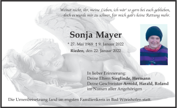 Traueranzeige von Sonja Mayer von Allgäuer Zeitung, Kaufbeuren/Buchloe