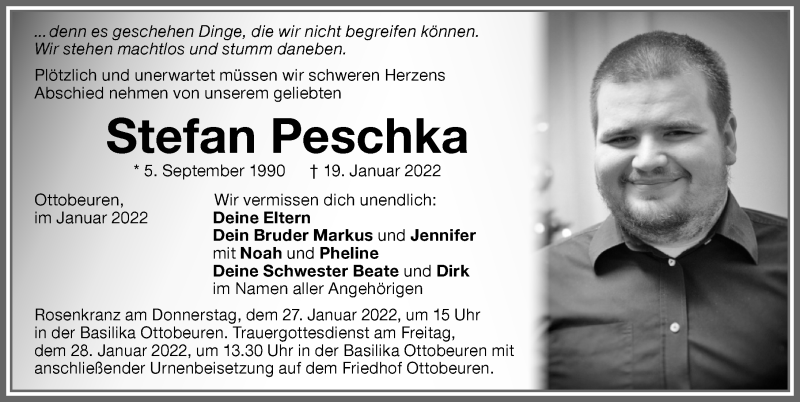 Traueranzeige für Stefan Peschka vom 24.01.2022 aus Memminger Zeitung