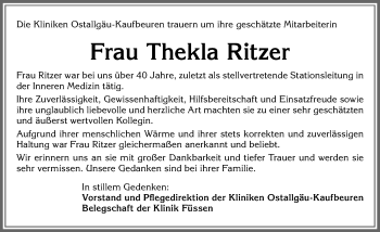 Traueranzeige von Thekla Ritzer von Allgäuer Zeitung, Füssen