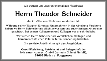 Traueranzeige von Theodor Schneider von Allgäuer Zeitung, Füssen