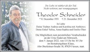 Traueranzeige von Theodor Schneider von Allgäuer Zeitung, Füssen