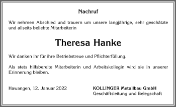 Traueranzeige von Theresa Hanke von Memminger Zeitung
