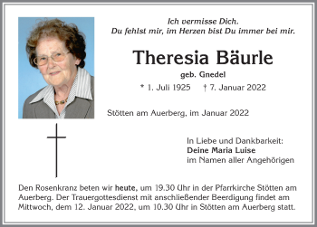 Traueranzeige von Theresia Bäurle von Allgäuer Zeitung, Marktoberdorf
