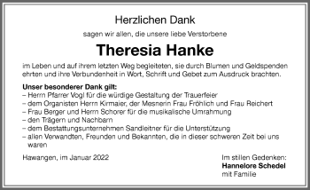 Traueranzeige von Theresia Hanke von Memminger Zeitung