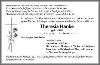Traueranzeige von Theresia Hanke von Memminger Zeitung