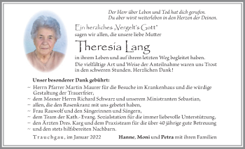 Traueranzeige von Theresia Lang von Allgäuer Zeitung, Füssen