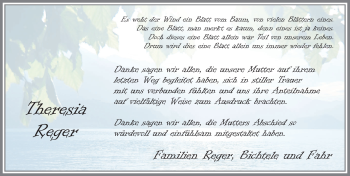 Traueranzeige von Theresia Reger von Allgäuer Zeitung, Kaufbeuren/Buchloe