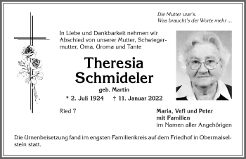 Traueranzeige von Theresia Schmideler von Allgäuer Anzeigeblatt