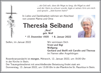 Traueranzeige von Theresia Seiband von Allgäuer Anzeigeblatt