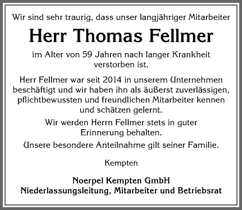 Traueranzeige von Thomas Fellmer von Allgäuer Zeitung,Kempten