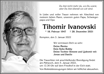Traueranzeige von Tihomir Ivanovski von Allgäuer Zeitung,Kempten