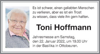 Traueranzeige von Toni Hoffmann von Memminger Zeitung