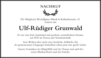 Traueranzeige von Ulf-Rüdiger Grunwald von Der Westallgäuer