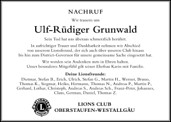 Traueranzeige von Ulf-Rüdiger Grunwald von Der Westallgäuer
