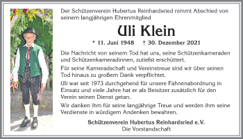 Traueranzeige von Uli Klein von Allgäuer Zeitung, Marktoberdorf