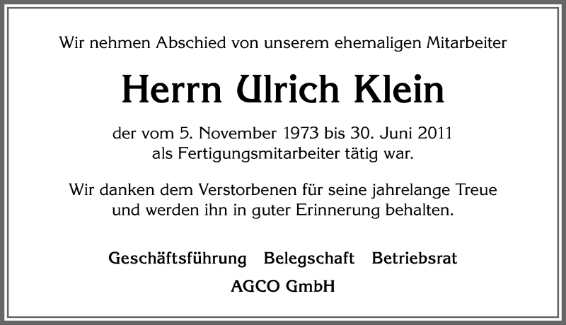  Traueranzeige für Ulrich Klein vom 28.01.2022 aus Allgäuer Zeitung, Marktoberdorf