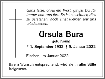 Traueranzeige von Ursula Bura von Allgäuer Anzeigeblatt