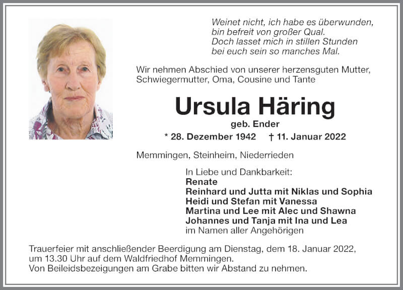  Traueranzeige für Ursula Häring vom 15.01.2022 aus Memminger Zeitung