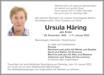 Traueranzeige von Ursula Häring von Memminger Zeitung