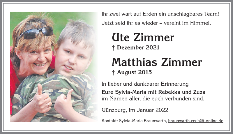  Traueranzeige für Ute Zimmer vom 22.01.2022 aus Allgäuer Zeitung, Gesamtausgabe