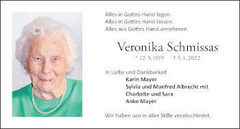 Traueranzeige von Veronika Schmissas von Allgäuer Zeitung,Kempten