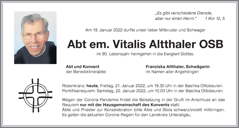  Traueranzeige für Vitalis Altthaler vom 21.01.2022 aus Allgäuer Zeitung, Gesamtausgabe