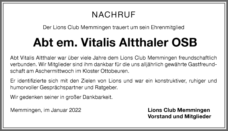  Traueranzeige für Vitalis Altthaler vom 25.01.2022 aus Memminger Zeitung