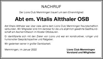 Traueranzeige von Vitalis Altthaler von Memminger Zeitung