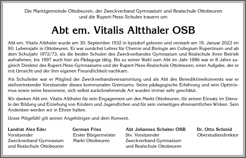  Traueranzeige für Vitalis Altthaler vom 24.01.2022 aus Memminger Zeitung
