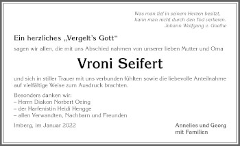 Traueranzeige von Vroni Seifert von Allgäuer Anzeigeblatt