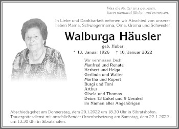 Traueranzeige von Walburga Häusler von Allgäuer Zeitung,Kempten