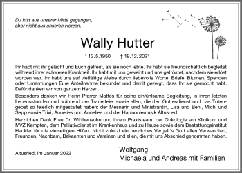 Traueranzeige von Wally Hutter von Allgäuer Zeitung,Kempten