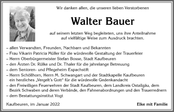 Traueranzeige von Walter Bauer von Allgäuer Zeitung, Kaufbeuren/Buchloe