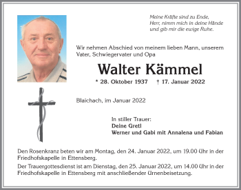 Traueranzeige von Walter Kämmel von Allgäuer Anzeigeblatt