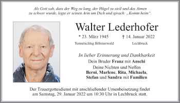 Traueranzeige von Walter Lederhofer von Allgäuer Zeitung, Füssen