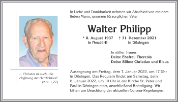 Traueranzeige von Walter Philipp von Allgäuer Zeitung, Kaufbeuren/Buchloe