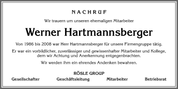 Traueranzeige von Werner Hartmannsberger von Allgäuer Zeitung, Marktoberdorf