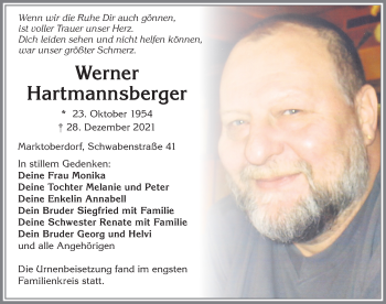 Traueranzeige von Werner Hartmannsberger von Allgäuer Zeitung, Marktoberdorf