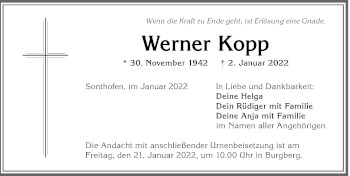 Traueranzeige von Werner Kopp von Allgäuer Anzeigeblatt