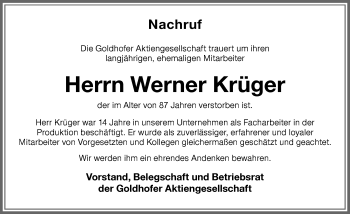 Traueranzeige von Werner Krüger von Memminger Zeitung