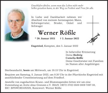 Traueranzeige von Werner Rößle von Memminger Zeitung