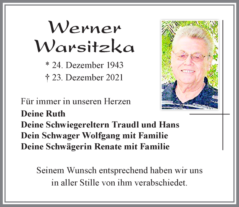  Traueranzeige für Werner Warsitzka vom 08.01.2022 aus Allgäuer Zeitung, Füssen