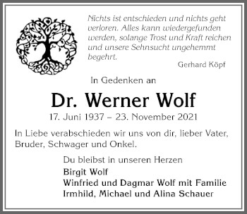 Traueranzeige von Werner Wolf von Allgäuer Zeitung