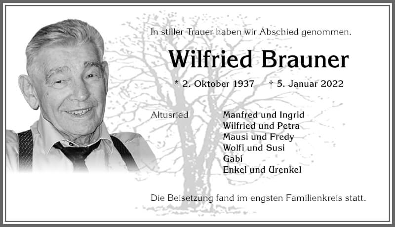  Traueranzeige für Wilfried Brauner vom 15.01.2022 aus Allgäuer Zeitung,Kempten