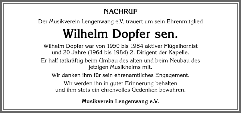  Traueranzeige für Wilhelm Dopfer vom 14.01.2022 aus Allgäuer Zeitung, Marktoberdorf