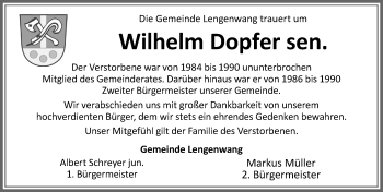 Traueranzeige von Wilhelm Dopfer von Allgäuer Zeitung, Marktoberdorf