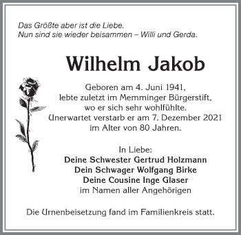 Traueranzeige von Wilhelm Jakob von Memminger Zeitung